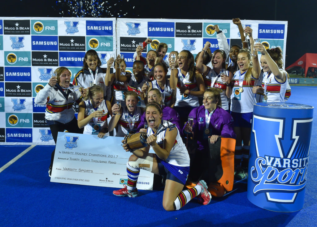 Pretoria, SOUTH AFRICA - MAY 22:  Tuks team celebrate after winning the match 1-0 during the Varsity Hockey Final between Tuks and Maties at Tuks Hockey Astra on May 22, 2017 in Pretoria, South Africa.  (Photo by Christiaan Kotze/SASPA)