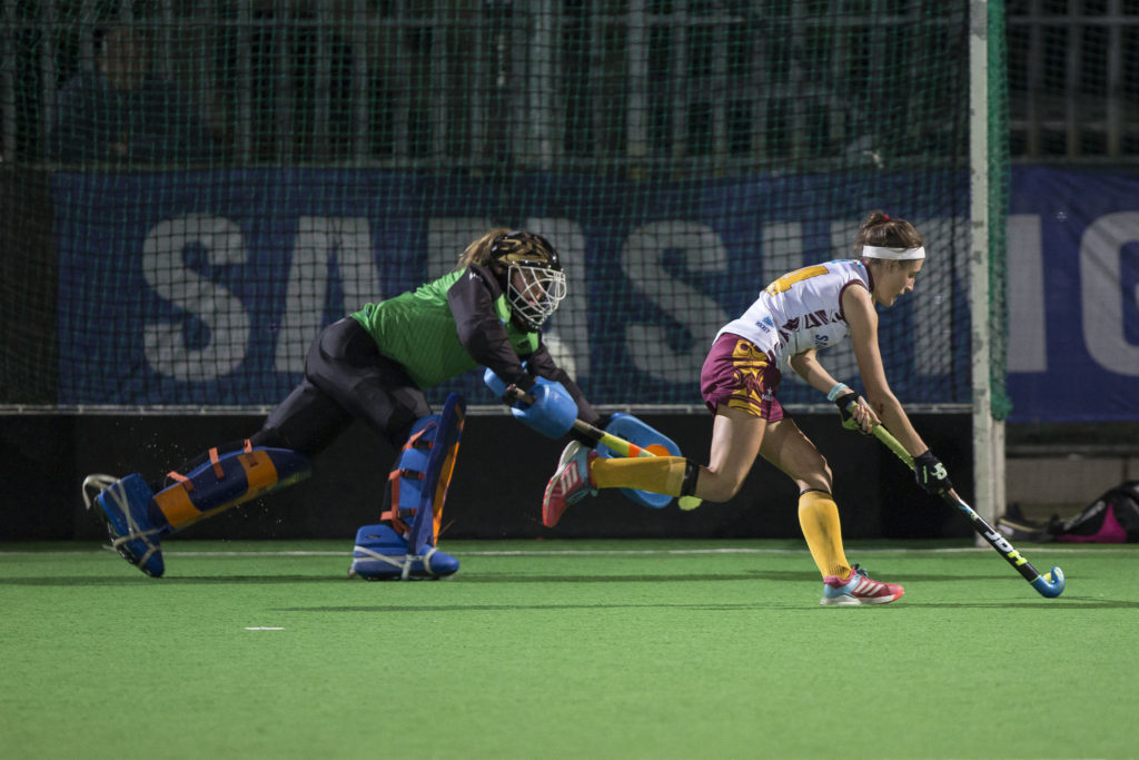Georgia Grobler of Maties runs around Marine Kock of PUKKE to score during a penalty shoot out after both teas failed to score during the match in the 2017 VARSITY HOCKEY, Monday 8 May 2017 Danie Craven Stadium, Stellenbosch, Western Cape. Photo by: HALDEN KROG/SASPA