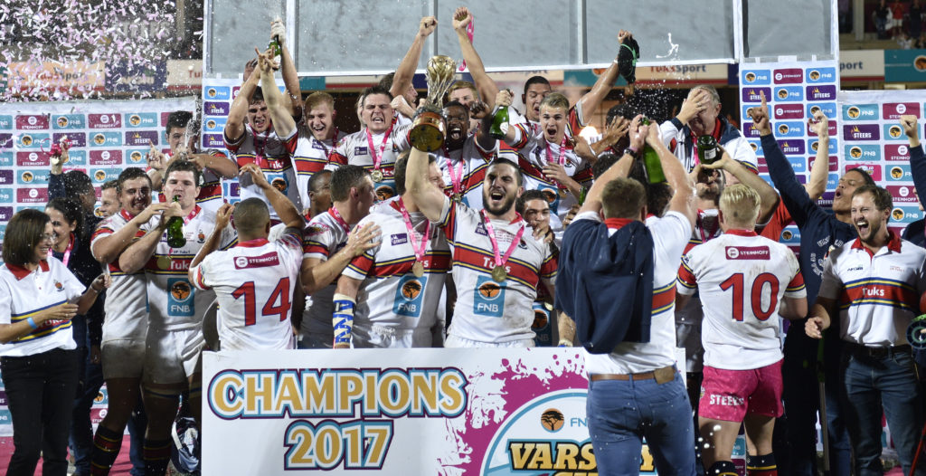 Tuks team celebrate as they win the 2017 Varsity Cup. 2017 Varsity CUP FINAL , presented by Steinhoff, FNB and STEERS. Monday, 17 APRIL 2017 FNB UP-TUKS vs FNB MATIES at Tuks Rugby Field, Pretoria, Gauteng. Photo by: CHRISTIAAN KOTZE/SASPA