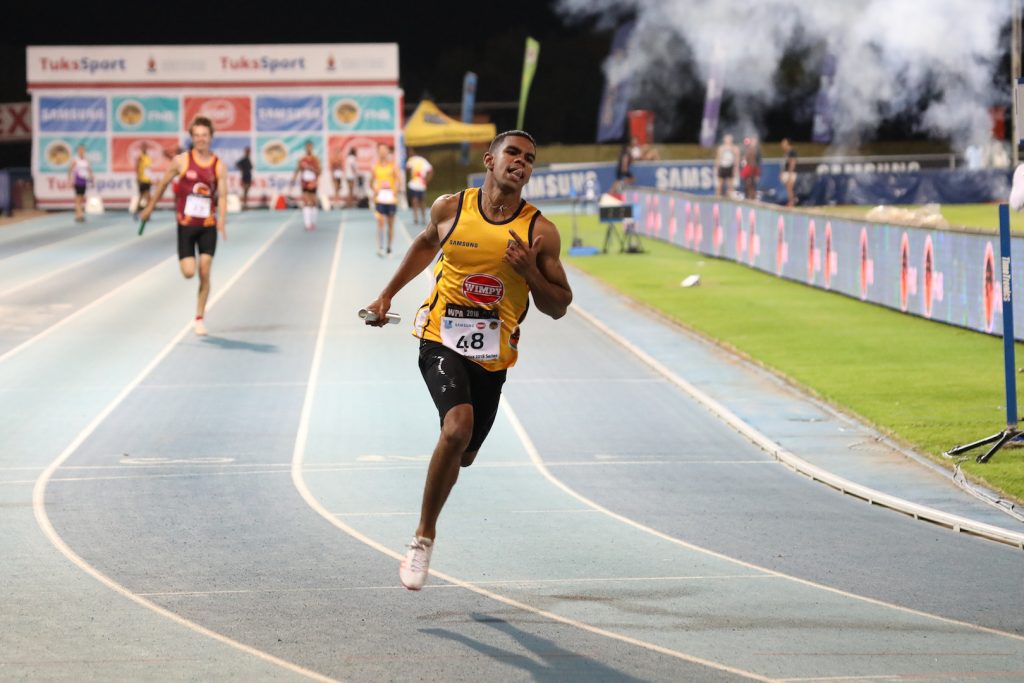 Tyler Linnen of UWC during the Men's 100m Relay, At Tuks Athletics, Friday 2 March 2018
