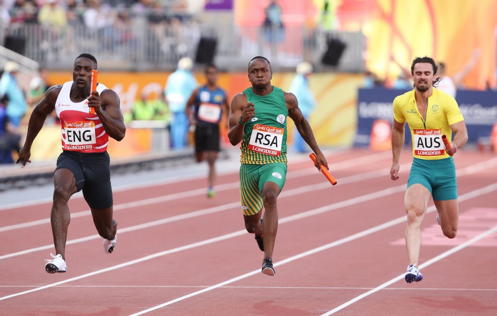 GOLD COAST, AUSTRALIA - APRIL 14: Akani Simbine of South Africa anchors his team home in the mens 4x100m relay final during the athletics on day 10 of the Gold Coast 2018 Commonwealth Games at the Carrara Stadium on April 14, 2018 in Gold Coast, Australia.  (Photo by Roger Sedres/Gallo Images)